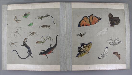 A Japanese concertina book of naturalistic paintings on silk, Meiji period, 25 x 24cm